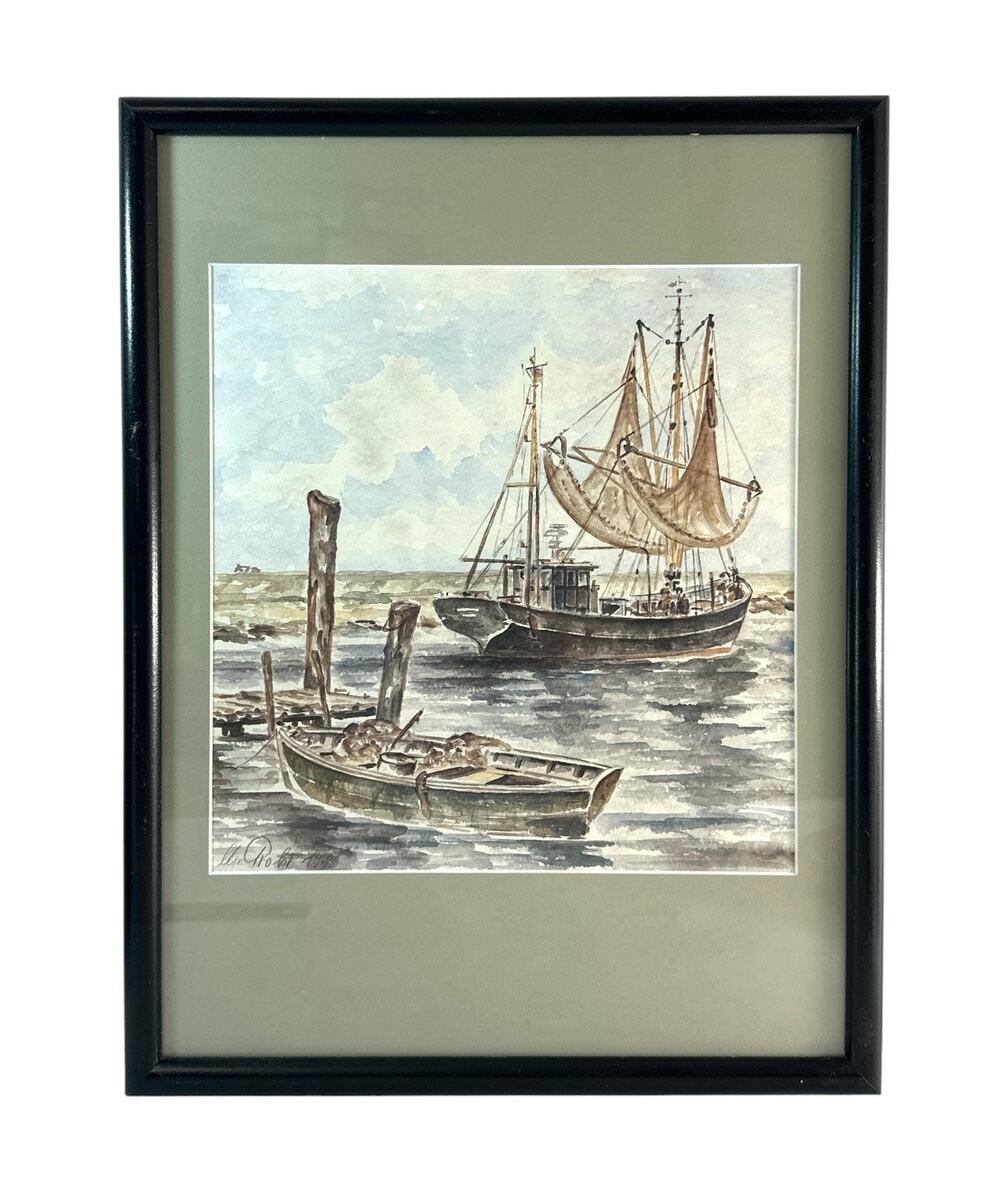 Vintage German Maritime Art Print Auslaufender Krabbenkutter Fishing Boat 13x17